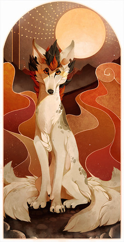 black_hair detailed_background feral fur hair multi_tail paws quadruped red_hair sitting solo tail white_body white_fur maplespyder mystery_skulls mystery_(mystery_skulls) canid canine fox mammal 2015 digital_media_(artwork) digital_painting_(artwork) painting_(artwork)