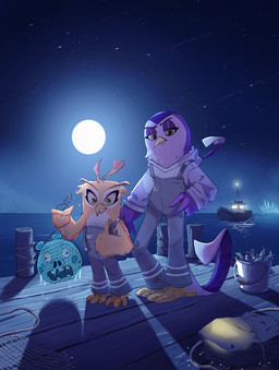 anthro beak boat brown_eyes bucket clothing container countershade_face countershading duo feather_hair feathers female fishnet_clothing full_moon fur gesture green_eyes hand_gesture moon night orange_body orange_feathers overalls pseudo_hair purple_body purple_feathers sea thumbs_up vehicle water watercraft white_body white_fur yellow_beak mioniviro angry_birds angry_birds_stella rovio_entertainment sega the_angry_birds_movie dahlia_(angry_birds) gale_(angry_birds) avian bird horned_owl owl pig_(angry_birds) true_owl violet-backed_starling hi_res