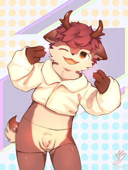 anthro biped brown_body brown_eyes brown_fur clothing flaccid foreskin fur genitals hair humanoid_genitalia humanoid_penis kemono long_sleeve_shirt looking_at_viewer male one_eye_closed penis pink_hair shirt shota slim_anthro slim_male solo topwear unretracted_foreskin white_body white_clothing white_fur white_shirt white_topwear young young_anthro young_male fur_alasky deer mammal 2022 3:4
