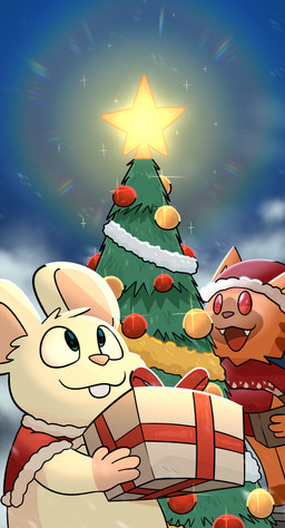 ambiguous_gender anthro biped blurred_background buckteeth christmas_clothing christmas_decorations christmas_gift christmas_headwear christmas_lights christmas_present christmas_tree clothed clothed_anthro clothing cute_fangs duo fangs fur gift hat headgear headwear holidays looking_up orange_body orange_fur plant red_eyes santa_hat star teeth three-quarter_view tree tree_star crushpepper christmas oxynard pepper_(crushpepper) cricetid felid feline hamster mammal rodent absurd_res digital_drawing_(artwork) digital_media_(artwork) hi_res shaded simple_shading