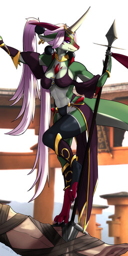 anthro bracelet breasts clothing digit_ring digitigrade ear_piercing ear_ring feet female gold_(metal) gold_bracelet gold_ear_ring gold_jewelry green_body hair hoop_ear_ring horn jewelry legwear long_hair melee_weapon piercing polearm ponytail purple_eyes red_feet ring ring_piercing solo spear thigh_highs toe_ring toes weapon white_hair kiit0s tatiana_(purplelemons) scalie hi_res