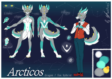 5_fingers accessory anthro blue_body border claws clothing costume fingers fur grey_body horn male necktie paws scales solo tail teeth text tongue whiskers white_body white_border yellow_eyes arcticos mythology arcticos_(character) canid canine dragon fox furred_dragon furred_scalie hybrid mammal mythological_creature mythological_scalie scalie absurd_res english_text hi_res model_sheet