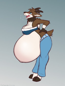 anthro antlers belly belly_blush big_belly big_breasts blue_eyes blush body_blush bottomwear breasts brown_body brown_fur brown_hair clothing denim denim_bottomwear denim_clothing female fur gradient_background hair hand_on_hip hand_on_own_hip hooved_toes hooves horn huge_belly humanoid_hands hyper hyper_belly hyper_pregnancy inner_ear_fluff jeans navel neck_tuft open_mouth outie_navel pants pink_mouth pink_tongue pregnant pregnant_anthro pregnant_female short_hair simple_background solo standing tan_body tan_fur tan_inner_ear tan_inner_ear_fluff tongue tuft dansharkman ray_(zendaray) deer mammal 2026 3:4 digital_drawing_(artwork) digital_media_(artwork) english_description hi_res