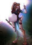 ajna anthro belly big_belly big_breasts biped breasts canid canine canis clothing digitigrade domestic_dog female female_anthro genitals hi_res indie_(xanderblaze) magic_user mammal maternity melee_weapon pinup pose pregnant pregnant_anthro pregnant_female pussy sword translucent translucent_clothing weapon