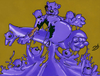 anthro assimilation big_nose eyes_closed group male plantigrade simple_background slime transformation stormdragonblue mammal mustelid otter 2012 source_request