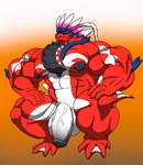 4_fingers 4_toes abs anthro balls big_balls big_muscles big_nipples big_pecs big_penis black_nipples crouching fangs feet fingers genitals gradient_background hands_on_legs hands_on_thighs huge_balls huge_muscles huge_penis hyper hyper_balls hyper_genitalia hyper_muscles hyper_penis male muscular muscular_anthro muscular_male nipples orange_background pecs penis red_body simple_background solo teeth toes vein veiny_penis white_balls white_penis joeyvally nintendo pokemon ancient_pokemon apex_build_koraidon generation_9_pokemon koraidon legendary_pokemon paradox_pokemon pokemon_(species) hi_res