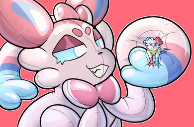 extreme_size_difference inflatable macro size_difference smug_face smug_grin squeezing tentacles trapped squeakscape nintendo pokemon animate_inanimate eeveelution generation_6_pokemon living_inflatable living_pool_toy pokemon_(species) sylveon hi_res