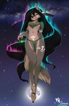 anthro aurora_(phenomenon) black_hair bottomwear brown_body brown_fur chest_tuft claws clothing digitigrade ear_piercing ear_ring exposure_variation feather_ear_ring feathers female fur green_eyes hair loincloth long_hair long_legs long_tail looking_at_viewer looking_down looking_down_at_viewer markings milky_way moon multicolored_body multicolored_fur neck_muscles night piercing ring_piercing solo space star tail tan_body tan_fur tribal tribal_markings tuft two_tone_body two_tone_fur womb_tattoo conditional_dnp fluff-kevlar aurora_(fluff-kevlar) canid canine canis mammal spirit wolf 2022 hi_res