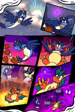 2_horns 7_panel_comic ambiguous_gender belly biped blue_body blue_eyes blue_fur blue_hair blue_wings cheek_tuft claws closed_smile cloud day dialogue dot_pupils eating eyebrows eyelashes eyes_closed eyeshadow eyewear facial_tuft falling fangs feathered_wings feathers feral finger_claws flying food fur group hair half-closed_eyes horn lava looking_at_food looking_at_object makeup motion_lines mouth_closed narrowed_eyes open_mouth open_smile orb outside page_number purple_body raining red_eyes scales sharp_teeth smile speech_bubble sun sunglasses tail talking_to_another teeth text toe_claws tongue toony transformation translucent translucent_hair tuft volcano white_sclera white_text wings virmir mythology queen_vetra saida taran_(rain_burn) couatl dragon feathered_scalie feathered_snake mythological_creature mythological_scalie reptile scalie snake spirit 2026 2:3 absurd_res comic english_text hi_res signature female_(lore) male_(lore)