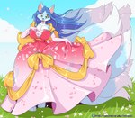 9_tails anthro big_breasts big_dress big_tail biped black_nose blue_hair bow_accessory breasts cheek_tuft cleavage clothed clothing day dress eyebrows facial_tuft female fluffy fluffy_tail front_view grass hair long_hair looking_at_viewer multi_tail multicolored_clothing multicolored_dress open_mouth open_smile outside plant red_clothing red_dress sky smile smiling_at_viewer solo standing tail tongue tuft two_tone_clothing two_tone_dress white_body white_clothing white_dress fuf canid canine fox mammal 2023 hi_res