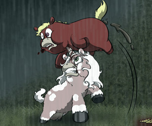 attack balls black_hooves blonde_hair blood blood_from_mouth blood_in_mouth blood_on_face blood_on_horn bodily_fluids corpse crotch_breasts death duo eyelashes feces female female_feral feral fur genitals gore grass green_eyes hair hooves impalement male male_feral nipples open_mouth pink_body pink_fur plant pooping purple_eyes raining red_body red_hooves stab tail teeth white_hair white_tail yellow_tail young young_female young_feral young_male myrayray fluffy_pony fluffy_pony_(species) mammal 2024 cel_shading digital_media_(artwork) hi_res shaded story story_in_description