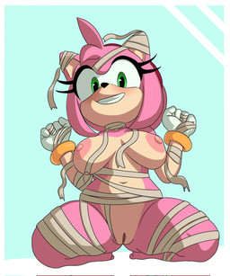 anthro areola bandage_wraps blush breasts clothing eyelashes female genitals gloves handwear kneeling long_eyelashes low-angle_view mummy_costume mummy_wrappings navel nipples smile solo spread_legs spreading vulva necronnus sega sonic_the_hedgehog_(series) amy_rose eulipotyphlan hedgehog mammal digital_drawing_(artwork) digital_media_(artwork) hi_res