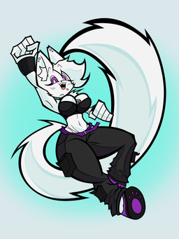 anthro arm_tuft athletic athletic_anthro athletic_female belt big_breasts black_bottomwear black_clothing black_pants blush blush_lines bottomwear breasts cleavage clothed clothing curled_tail ear_piercing facial_piercing fangs female female_anthro fist fluffy fluffy_tail footwear fur head_tuft lip_piercing looking_at_viewer navel open_mouth open_smile oversized_bottomwear oversized_clothing oversized_pants panties pants panty_peek piercing pose purple_eyes raised_arm shoes shoulder_tuft slim_female small_waist smile solo tail teeth tuft underwear upper_teeth white_body white_clothing white_fur white_panties white_underwear wristband zipper cackling_pumpkins wave_the_fennec_fox canid canine fennec_fox fox mammal true_fox 2026 3:4 absurd_res digital_drawing_(artwork) digital_media_(artwork) hi_res
