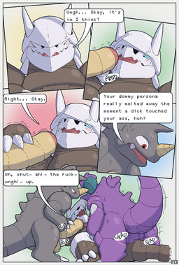 1_horn 1_toe 2_horns 2_toes 3_fingers 3_toes anal anal_penetration anthro anthro_on_anthro anthro_penetrated anthro_penetrating anthro_penetrating_anthro backsack balls big_ears big_penis blue_eyes blue_sclera blush blush_lines bodily_fluids claws dialogue eyes_closed feet finger_claws fingers foreskin from_front_position genital_fluids genitals grey_body group group_sex handjob horn huge_penis humanoid_genitalia humanoid_penis looking_pleasured lying male male/male male_penetrated male_penetrating male_penetrating_male mating_press motion_lines on_back onomatopoeia page_number penetration penile penis pink_tongue precum precum_on_face precum_string prodding purple_balls purple_body red_eyes semi-anthro sex simple_background sound_effects speech_bubble standing sweat sweatdrop tail tan_balls tan_penis teasing text thick_tail threesome throbbing throbbing_penis toe_claws toes tongue trio conditional_dnp phosaggro nintendo pokemon aggron elemental_creature generation_1_pokemon generation_3_pokemon mineral_fauna nidoking pokemon_(species) rhydon 2023 aliasing comic digital_media_(artwork) english_text hatching_(art) hi_res shaded
