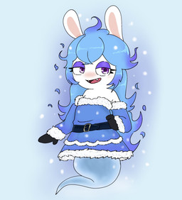 anthro arm_warmers armwear bare_shoulders belt belt_buckle black_belt black_clothing black_handwear black_mittens blue_arm_warmers blue_armwear blue_background blue_clothing blue_dress blue_hair blue_tail blush buckle christmas_clothing christmas_dress clothed clothed_anthro clothed_female clothing dress eyelashes fangs female female_anthro flat_chested fur hair hand_on_hip hand_on_own_hip handwear holidays legless light long_ears long_hair looking_at_viewer mittens noseless open_mouth open_smile pupils purple_eyelids purple_eyes purple_pupils red_tongue simple_background smile smiling_at_viewer snow snowing solo tail tan_inner_ear teeth tongue translucent translucent_body wavy_hair white_body white_fur peypey_mei1925 christmas mario_bros mario_plus_rabbids_sparks_of_hope nintendo raving_rabbids rayman_(series) ubisoft midnite_(mario_plus_rabbids) ghost hybrid lagomorph mammal rabbid spirit 2025 colored crossover digital_drawing_(artwork) digital_media_(artwork) full-length_portrait hi_res lighting portrait shaded