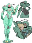 big_butt blonde_hair blue_eyes blush bubble_butt butt duo female glowing glowing_eyes green_body green_skin hair hug rear_view red_eyes red_sclera simple_background text thick_thighs white_background wide_hips salamander10 metroid nintendo samus_aran alien alien_humanoid human humanoid mammal metroid_(species) english_text hi_res adopted_(lore) adopted_daughter_(lore) adoptive_mother_(lore)