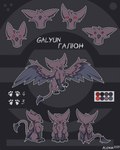 claws feathers feral fur male purple_body purple_fur red_eyes solo tail wings blen4k galyun 2023 hi_res model_sheet