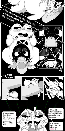 ambiguous_gender anus balls black_body black_skin bodily_fluids butt cum cum_from_vagina cum_in_vagina cum_inside cum_on_body cum_on_butt cum_on_face dialogue disembodied_penis erection excessive_cum excessive_genital_fluids female feral gameplay_mechanics genital_fluids genitals glans group long_tongue male male/female oral penetration penile penile_penetration penis penis_in_vagina sex simple_background size_difference text tongue tongue_out tonguejob vaginal vaginal_penetration vulva white_body white_skin chewychip91 undertale undertale_(series) amphibian frog froggit human mammal 2026 absurd_res comic digital_media_(artwork) english_text hi_res long_image tall_image