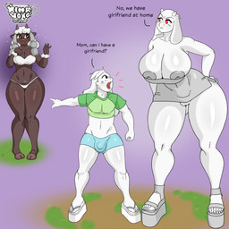age_difference anthro big_breasts bodily_fluids bottomwear breasts bulge clothed clothing dialogue dress female footwear gesture group hand_gesture ineffective_clothing male mature_anthro mature_female minidress nippleless_clothing older_female platform_footwear platform_sandals pointing public public_exposure sandals shirt shoes shorts sweat text tight_bottomwear tight_clothing tight_shirt tight_shorts tight_topwear topwear waving young young_anthro creamygravy nintendo pokemon undertale undertale_(series) we_have_food_at_home we_have_girlfriend_at_home asriel_dreemurr toriel bovid caprine generation_8_pokemon goat mammal pokemon_(species) sheep wooloo 1:1 absurd_res english_text hi_res mother_(lore) mother_and_child_(lore) mother_and_son_(lore) parent_(lore) parent_and_child_(lore) parent_and_son_(lore) son_(lore)