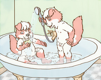 anthro balls bath bathing bathroom bathtub claw_foot_bathtub duo flaccid foreskin genitals humanoid_genitalia humanoid_penis male male/male nipples nude penis slightly_chubby smile young young_anthro young_male lavilovi canid canine canis domestic_dog mammal digital_media_(artwork) hi_res