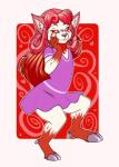 clothing cloves dress female fur_pattern hair heart_symbol looking_at_viewer red_eyes red_hair red_sclera smile solo rhari annemarie hybrid monster hi_res