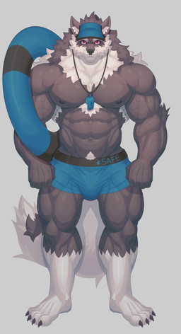 abs anthro areola barazoku biceps big_muscles biped blue_clothing blue_swimwear bulge calf_muscles claws clothed clothing deltoids feet fingers fist forearm_muscles front_view fur grey_background grey_body grey_fur humanoid_feet humanoid_hands inflatable inner_tube jewelry looking_at_viewer male muscular muscular_anthro muscular_arms muscular_legs muscular_male navel neck_tuft necklace nipples obliques pecs plantigrade pubes quads red_eyes simple_background smile solo standing swimming_trunks swimwear tail text toe_claws toes topless topless_anthro topless_male tuft vein veiny_muscles whistle_(object) whistle_around_neck white_body white_fur ronci mythology canid canine mammal mythological_canine mythological_creature werecanid werecanine werecreature werewolf 2022 absurd_res colored english_text full-length_portrait hi_res portrait shaded