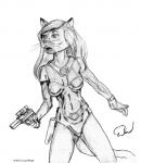 4_fingers anthro armor biped bracelet female fingers front_view gun hair handgun holding_gun holding_object holding_ranged_weapon holding_weapon holster jewelry looking_aside open_mouth ranged_weapon solo standing text weapon whiskers doug_winger domestic_cat felid feline felis mammal 1993 english_text greyscale monochrome