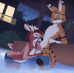 anthro anthro_on_anthro antlers balls biped butt claws clothed clothed_anthro clothed_male clothing detailed_background duo erection fingers fur genitals hair horn humanoid_genitalia humanoid_penis licking male male/male oral penile penis penis_lick sex smile spots stripes tail tongue s1m seb_(viero) deer felid feline mammal 2026 digital_drawing_(artwork) digital_media_(artwork) hi_res