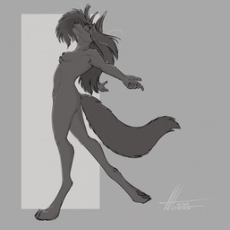 4_toes anthro areola barbell_piercing breasts ear_piercing feet female industrial_piercing navel nipple_piercing nipples on_one_leg pawpads paws piercing side_view solo spread_arms standing toes commandercross charity_cross canid canine canis mammal wolf hi_res