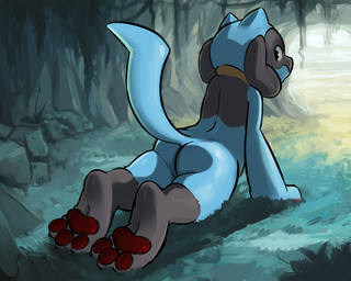 ambiguous_gender anthro black_eyes blue_body blue_fur butt cave detailed_background feet foot_focus fur grass hindpaw looking_back lying morning nude pawpads paws plant rear_view shadow solo sun under_shade waking_up conditional_dnp dacad nintendo pokemon canid canine generation_4_pokemon mammal pokemon_(species) riolu 2016 5:4