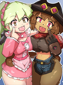 anthro asymmetrical_breast_frottage bangs blep blush blush_stickers breast_squish breasts breasts_frottage brown_body brown_hair clothing duo eyebrows eyelashes female green_hair gun_arm hair hat headgear headwear long_eyelashes lulu_(gameoverse) magenta_eyes midriff squish tongue tongue_out weapon_arm whiskers wide_hips yellow_sclera aqualitas5 gameoverse glitch_productions kit_bodega domestic_cat felid feline felis human mammal 2026 absurd_res hi_res