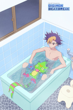 anthro bathing bathtub blep duo floating green_body hair male multicolored_hair red_eyes tongue tongue_out mazaki_kei bandai_namco digimon digimon_beatbreak tomoro_tenma digimon_(species) gekkomon human mammal scalie hi_res