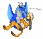 anthro blonde_hair clothing duo fur hair horn male markings open_mouth simple_background smile spots spotted_body spotted_fur tail text toxstar mythology pendragon smirgel cheetah dragon felid feline mammal mythological_creature mythological_scalie scalie 2018 english_text hi_res traditional_media_(artwork)