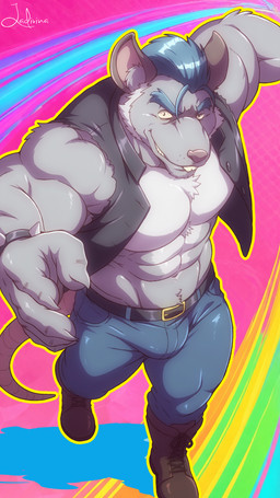 5_fingers abs anthro biceps blue_hair bottomwear bulge clothing deltoids eyebrows fingers fur grey_body grey_fur hair male muscular muscular_male pants pecs solo standing topwear vest funeral-paws brok_the_investigator cowcat_games squealers_chief mammal murid murine rat rodent 2026 hi_res