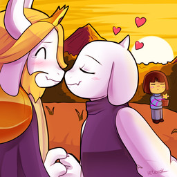 anthro beard blush claws crown facial_hair female flower fur grass group headgear heart_symbol horn long_ears male male/female mature_anthro mature_female mature_male mountain outside plant sunset white_body white_fur keterok undertale undertale_(series) asgore_dreemurr frisk_(undertale) toriel boss_monster_(undertale) bovid caprine human mammal 1:1