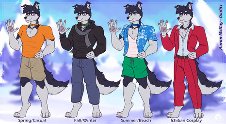 anthro arm_tuft blue_body blue_fur bottomwear cheek_tuft claws clothed clothing collar denim denim_bottomwear denim_clothing elbow_tuft eyewear facial_tuft fluffy fluffy_chest fluffy_tail fur glasses jeans male open_clothing open_shirt open_topwear pants pawpads paws purple_eyes scarf shirt shorts smile solo suit swimming_trunks swimwear tail topwear tuft conditional_dnp grinn3r aaron_mckay canid canine canis domestic_dog husky mammal nordic_sled_dog spitz 2025 absurd_res hi_res model_sheet