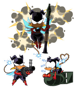 anthro armwear back_wings big_butt black_clothing bodysuit boots breasts butt clothing dwarfism elbow_gloves female flying footwear gloves grenade_launcher gun handwear happy high_heeled_boots high_heels horn ranged_weapon rocket_launcher sharp_teeth shoes skinsuit small_breasts smoke solo spread_wings tail teeth tight_clothing weapon wings diegutan imp absurd_res aliasing binary_drawing digital_drawing_(artwork) digital_media_(artwork) hi_res