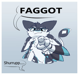 anthro blue_eyes border featureless_crotch fur gesture gradient_background hand_gesture homophobic_slur looking_at_viewer male nude partial_speech_bubble pointing pointing_at_viewer profanity simple_background slur smile smirk solo text white_body white_border white_fur novada holifruit_(holidalo) avali english_text