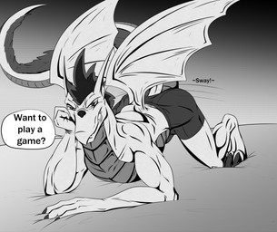 all_fours anthro arm_support bed bedroom bedroom_eyes big_bulge big_tail bottomwear bulge butt chest_down_ass_up clothed clothing furniture grin grinning_at_viewer head_on_hand hip_sway leaning_on_elbow looking_at_viewer male muscular narrowed_eyes paws revealing_outfit scales seductive shorts skimpy smile smiling_at_viewer solo spread_wings sultry_gaze swaying tail teasing text tight_bottomwear tight_clothing tight_shorts tight_underwear underwear wings conditional_dnp samagthrav2 american_dragon:_jake_long disney mythology jake_long dragon mythological_creature mythological_scalie scalie absurd_res english_text hi_res monochrome