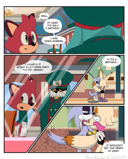ambiguous_gender anthro butt butt_grab dining_room duo female hand_on_butt hand_on_shoulder male male/female outside tail tail_motion tailwag text walking awkward2eleven sega sonic_the_hedgehog_(series) the_murder_of_sonic_the_hedgehog barry_(sonic) conductor_(sonic) fan_character canid canine canis fennec_fox fox macropod mammal marsupial quokka true_fox wolf absurd_res comic english_text hi_res