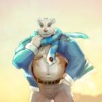 anthro belly bottomwear clothed clothing fur male moobs navel pants scarf slightly_chubby solo white_body white_fur iceman1984 utau shirane_kan bear mammal polar_bear ursine 2015