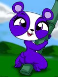 anthro bamboo butt female fur looking_at_viewer looking_back looking_back_at_viewer open_mouth open_smile purple_body purple_eyes purple_fur smile solo pandafox_(artist) hasbro littlest_pet_shop littlest_pet_shop_(2012) penny_ling bear giant_panda mammal 2018 signature