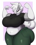 5_fingers anthro belly biceps big_belly big_breasts black_clothing black_shirt black_topwear bottomwear breasts cheek_tuft clothed clothing facial_tuft female fingers flexing flexing_bicep flexing_both_biceps floppy_ears fur green_bottomwear green_clothing green_pants grey_body grey_fur grey_hair hair hair_over_eye huge_breasts huge_thighs midriff musclegut muscular muscular_arms navel one_eye_obstructed overweight overweight_anthro overweight_female pants red_eyes shirt simple_background smile solo standing thick_thighs topwear tuft wide_hips dewwydarts terra_(dewwydarts) canid canine canis mammal wolf 2023 hi_res