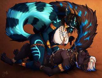 anthro areola bed big_breasts black_body black_fur black_hair blue_body blue_fur bodily_fluids bracelet breasts collar cum cum_on_chest cum_on_hand cum_on_self cumshot dominant dominant_female duo ejaculation erect_nipples erection female fluffy fluffy_tail fur furniture genital_fluids genitals gold_(metal) gold_jewelry hair handjob harem harem_jewelry horn horn_jewelry horn_ring humanoid_genitalia humanoid_penis jewelry leash leg_grab lying male male/female nipples on_back on_top orgasm pendant penile penis ring_(jewelry) sex submissive submissive_male tail white_hair kaylii mythology l-rikku-l wolfy_tamesis canid canine canis dragon hybrid mammal mythological_creature mythological_scalie scalie wolf 2015