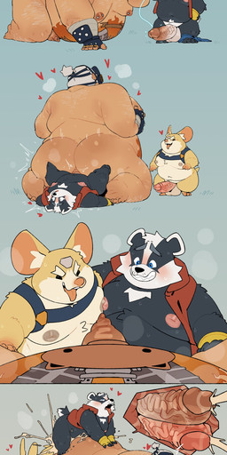 anal anthro balls belly big_belly blue_eyes blush bodily_fluids cum double_penetration ejaculation erection genital_fluids genitals group group_sex heart_symbol human_on_anthro interspecies kemono male male/male moobs nipples overweight overweight_male penetration penis sex size_difference sweat threesome quanjiang blizzard_entertainment bradley_the_badger_(game) overwatch bradley_(bradley_the_badger) hammond_(overwatch) roadhog_(overwatch) badger cricetid hamster human mammal mustelid musteline rodent 2026 absurd_res hi_res