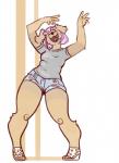 abstract_background anthro bottomwear clothed clothing female fingernails footwear fur hair nails pink_hair sandals shoes shorts slightly_chubby smile solo tan_body tan_fur ethriol ethriol_(character) hi_res