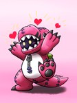 ambiguous_gender blush clothing costume glowing glowing_eyes heart_symbol plushie seam_(sewing) shadow_face simple_background solo zipper gekkart bandai_namco digimon digimon_(species) extyrannomon 3:4 absurd_res hi_res