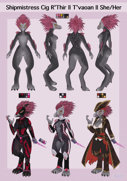 3_fingers 3_toes anthro arm_feathers arm_tuft armor barbell_piercing bodysuit breasts butt clothing coat corset digitigrade eyelashes feather_hair feathered_crest feathers feet female fingers full_armor genital_piercing genitals grey_body grey_scales head_crest holding_melee_weapon holding_object holding_weapon labia_piercing lingerie long_eyelashes melee_weapon nipple_piercing nipples non-mammal_breasts nude piercing pink_body pink_feathers pirate pirate_costume pirate_hat pirate_outfit pseudo_hair pupils scales shoulder_tuft simple_background skinsuit slit_pupils small_breasts solo spurs_(anatomy) tight_clothing toes topwear tuft vulva vulva_piercing weapon yellow_eyes celestiie halo_(series) microsoft xbox_game_studios alien avian kig-yar scalie t'vaoan colored hi_res model_sheet