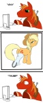 applejack_(mlp) big_macintosh_(mlp) blonde_hair brother_(lore) brother_and_sister_(lore) clothing comic computer cutie_mark desk earth_pony electronics equid equine female feral friendship_is_magic furniture hair hasbro hat headgear headwear horse horseshoe male mammal my_little_pony orange_hair pony quadruped seductive sibling_(lore) sister_(lore) table tail unknown_artist