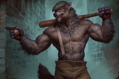 5_fingers abs anthro ball baseball_(ball) baseball_bat bat_(object) biceps biped bottomwear brick brown_bottomwear brown_clothing brown_pants button_(fastener) claws clothed clothing detailed_background fangs fingerless_gloves fingers fur gesture gloves green_clothing green_hat green_headwear grey_body grey_fur hand_gesture handwear hat headgear headwear holding_object male muscular muscular_anthro muscular_male neck_tuft nipples open_mouth outside pants pecs pointing shirtless shirtless_male smile solo suspenders teeth topless topless_anthro topless_male tuft wall_(structure) taran_fiddler canid canine canis mammal wolf 2021 digital_media_(artwork) hi_res